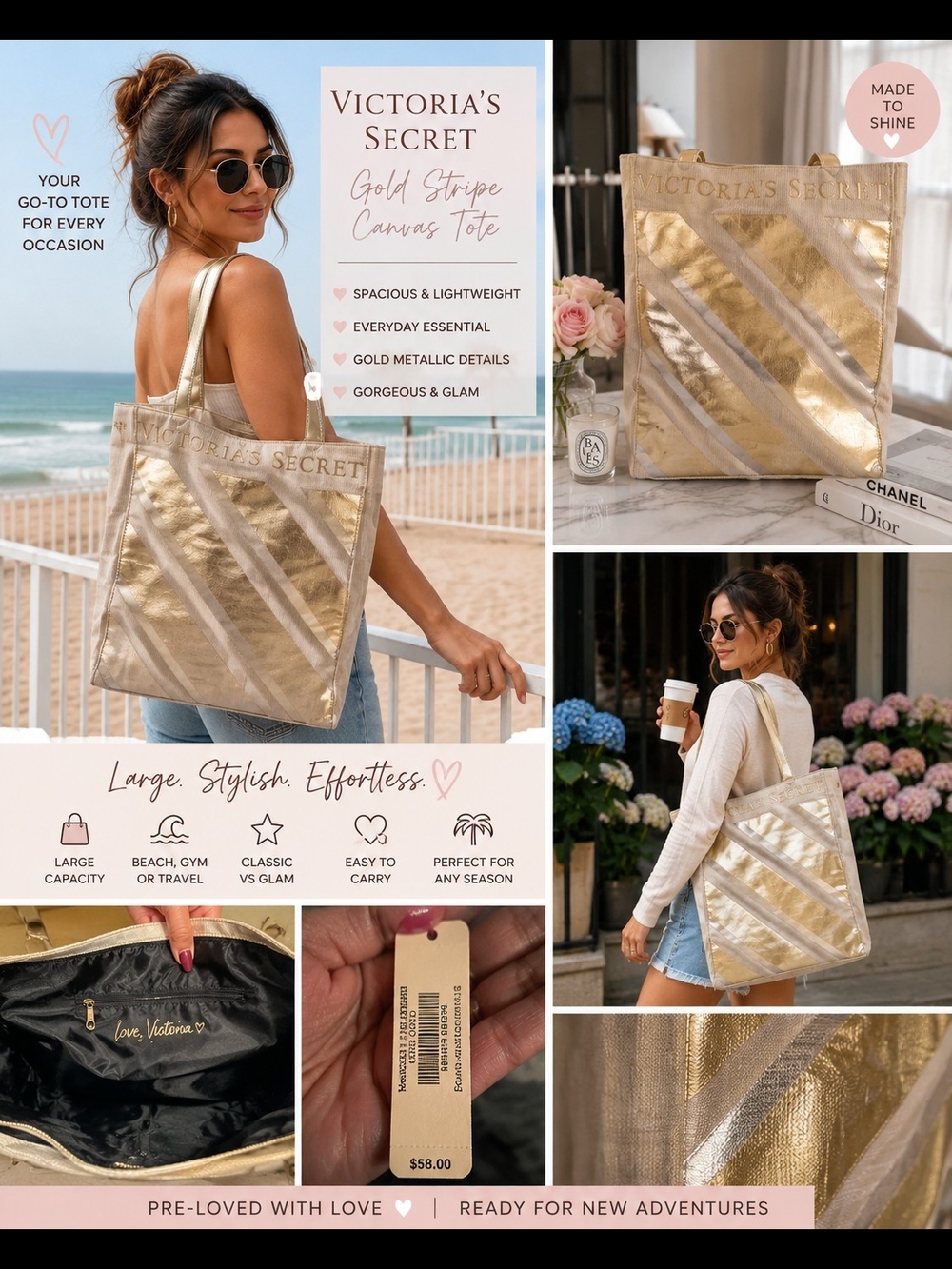 Victoria's Secret Gold Stripe Canvas Tote